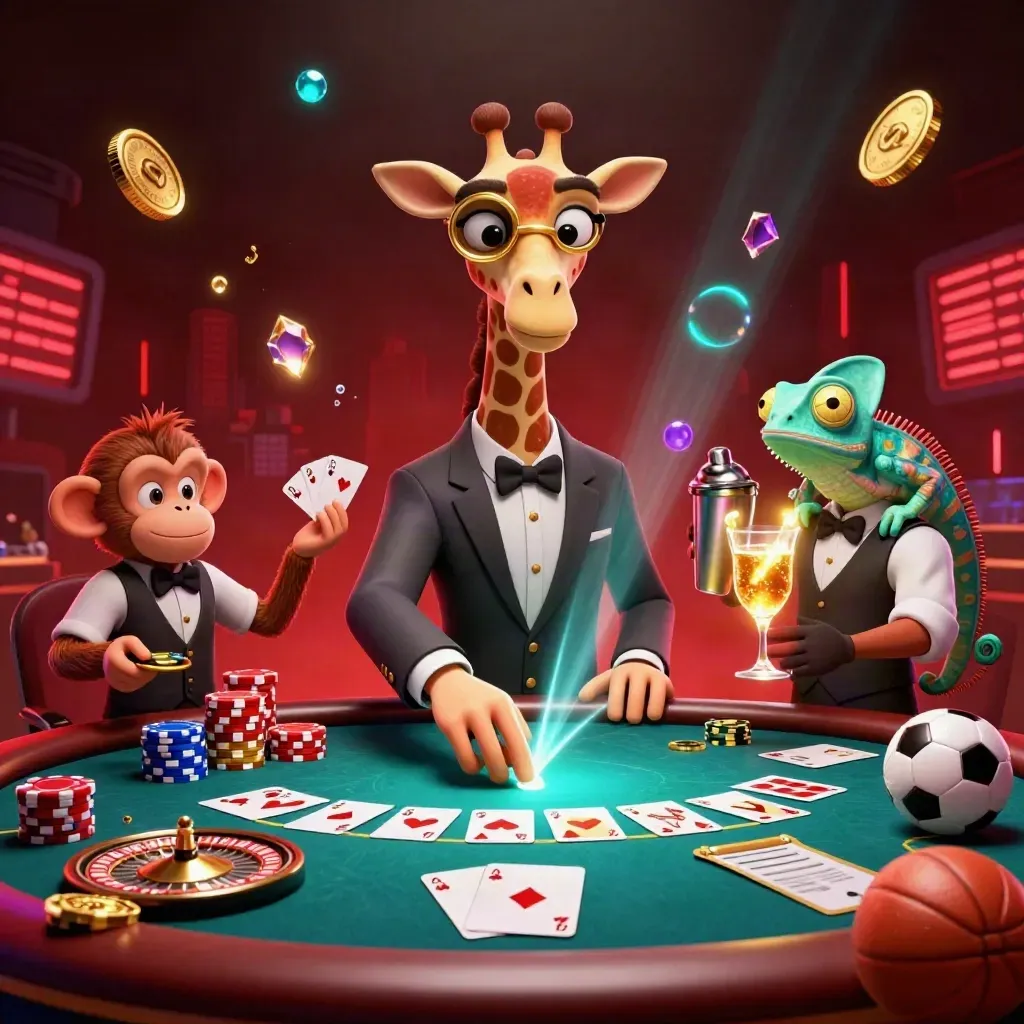 Low-angle casino key art with giraffe, monkey and chameleon amid chips, coins and neon lights