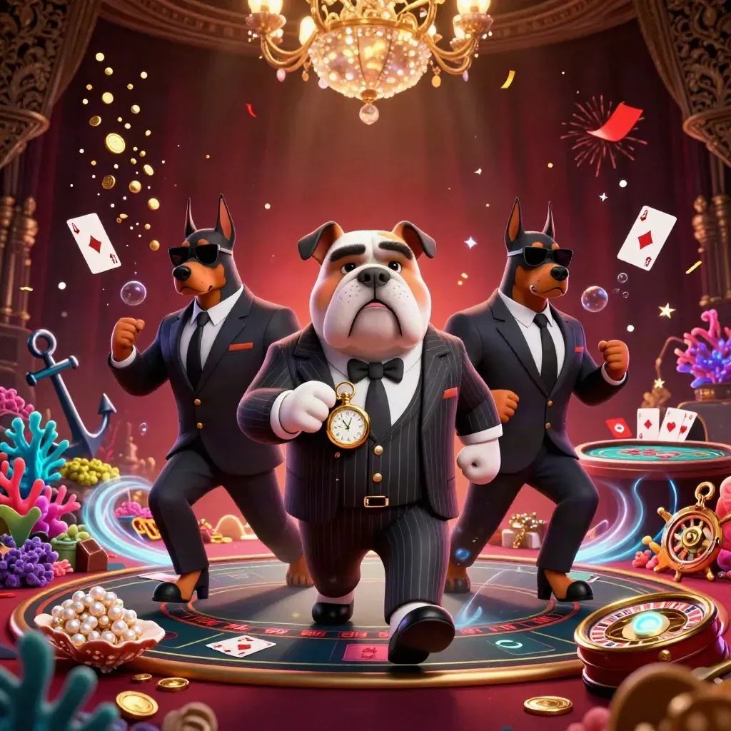 Bulldog boss with two Dobermans in a luxe casino-treasure cove, glowing with neon energy.