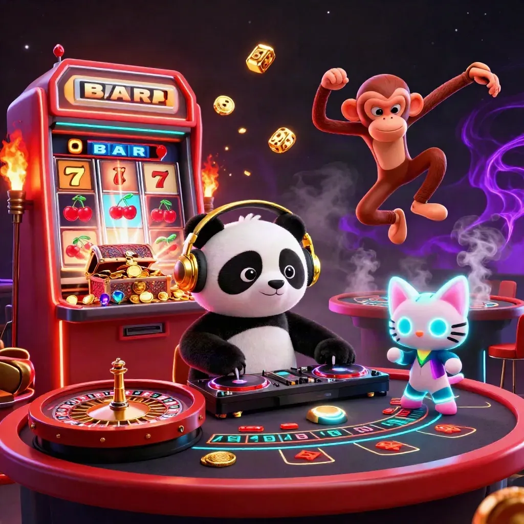 DJ panda, dancing monkey, glow-stick kitten amid slot burst, dice, gold, and neon casino smoke.
