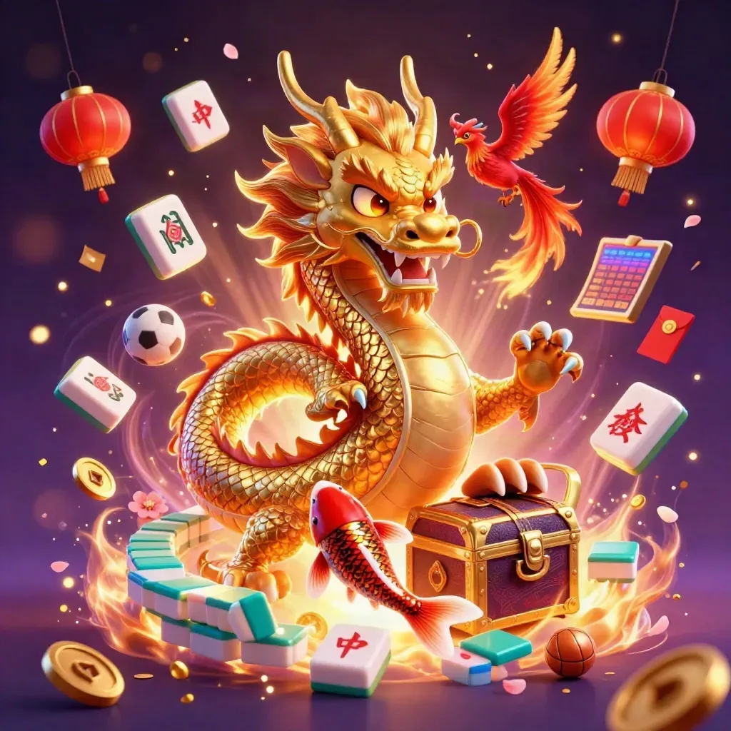 Golden dragon, phoenix and koi burst amid casino lights, tokens, coins and sports gear.