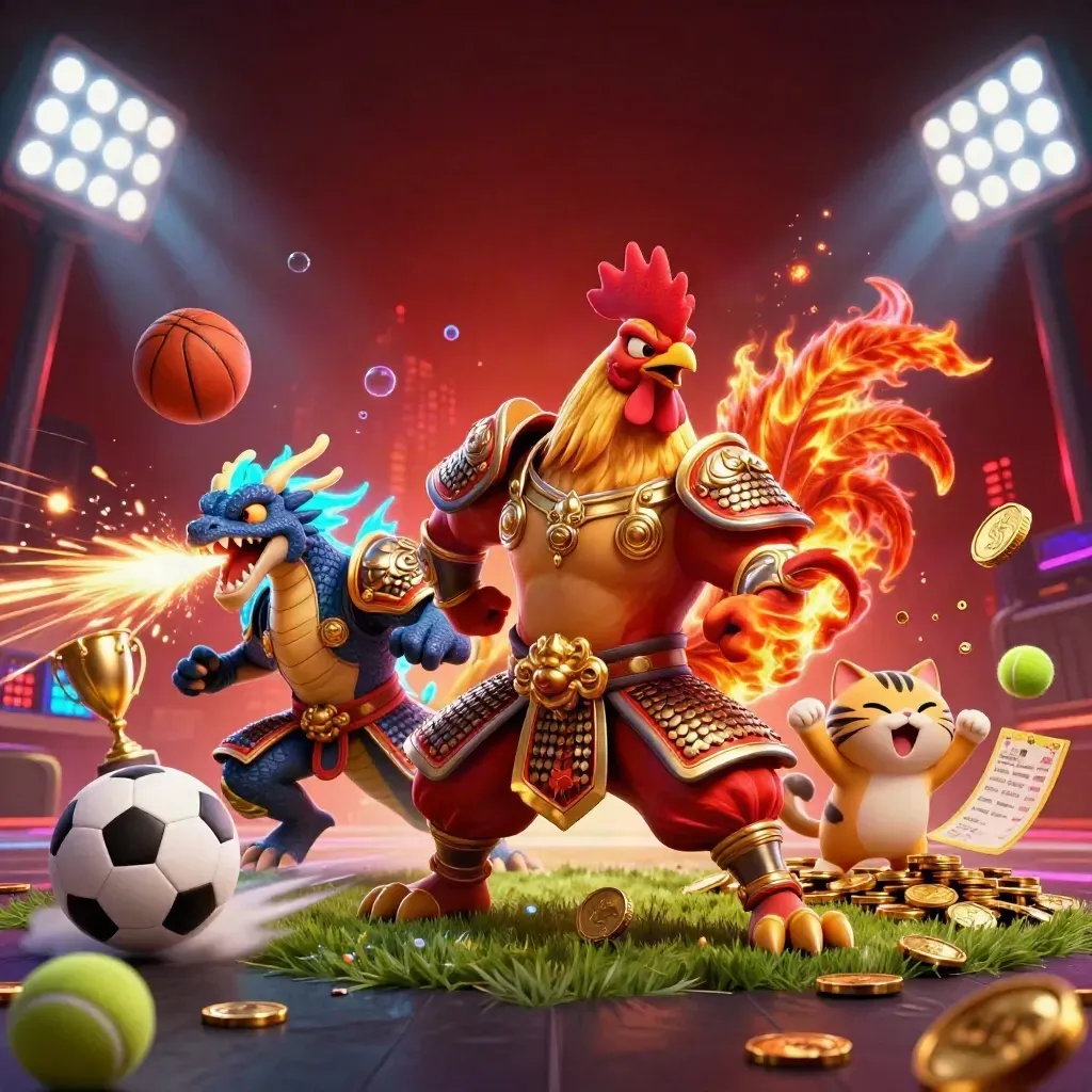 Rooster samurai, spark-breathing dragon hatchling and fortune cat amid flying balls and casino lights
