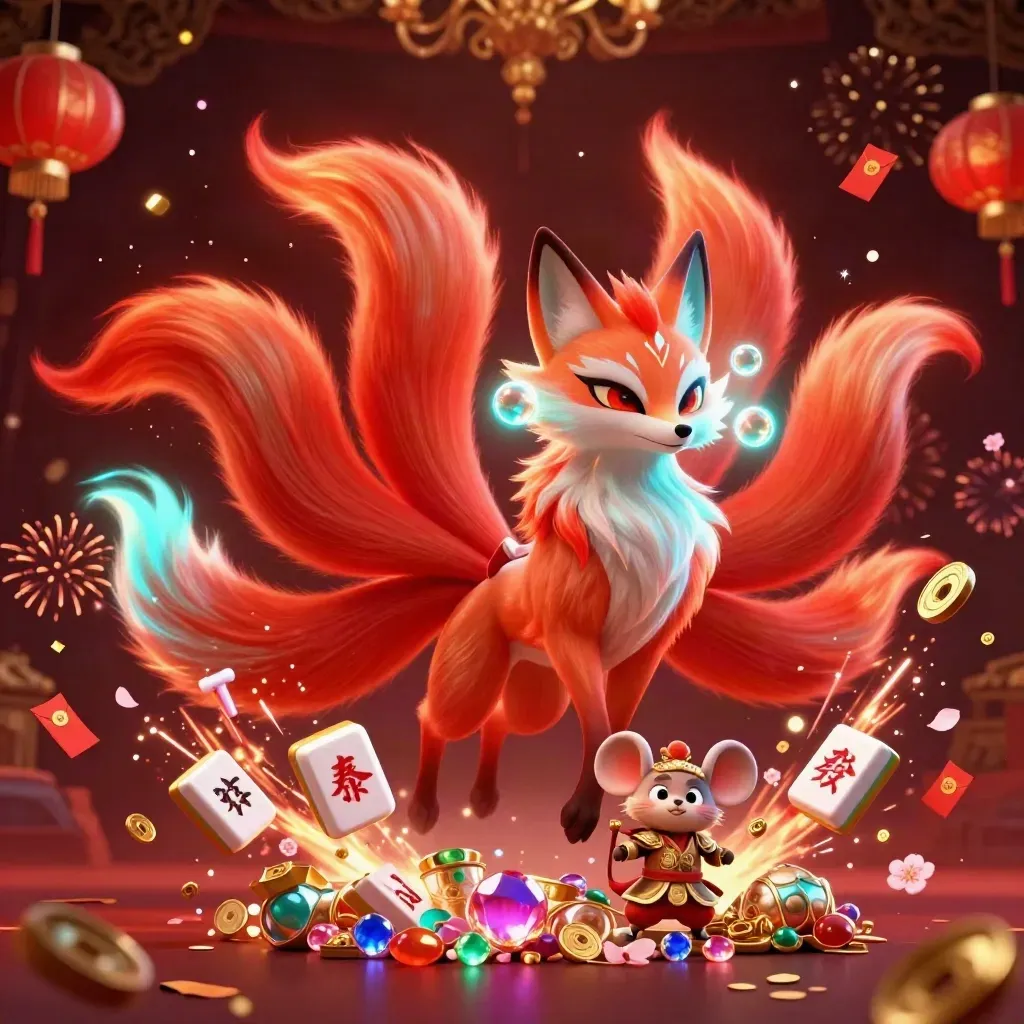 Neon fox spirit and samurai mouse amid bursting gems, lanterns, coins, and fireworks.