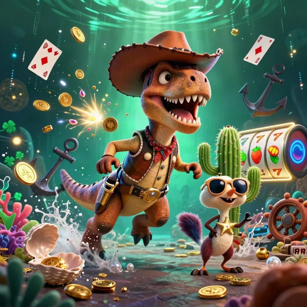Cowboy T-Rex and friends raid a neon underwater treasure cove with coins, coral, and slot symbols.
