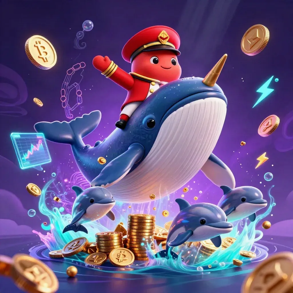 Whale captain, narwhal, and dolphins burst through coins with neon crypto effects