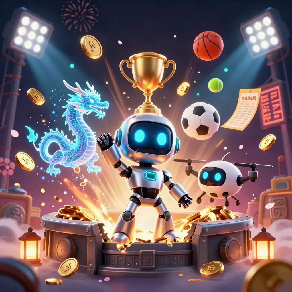 Cyberpunk robot, hologram dragon, and drone amid coins, trophy, balls, fireworks, and vault burst