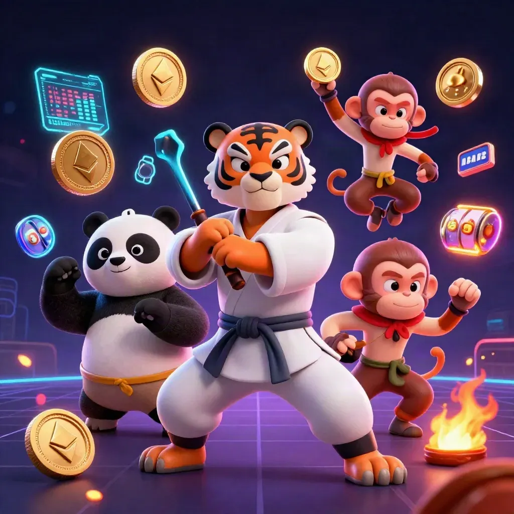 Kung-fu tiger, panda, and monkey amid neon crypto coins, slot reels, and embers.