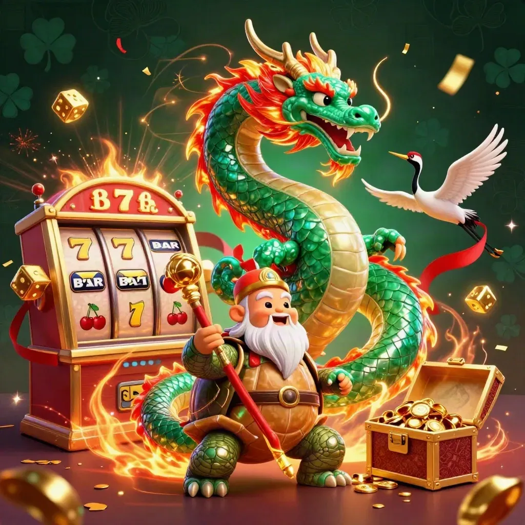 Jade dragon, turtle sage, and cranes amid slot machine burst, gold, and neon casino effects.