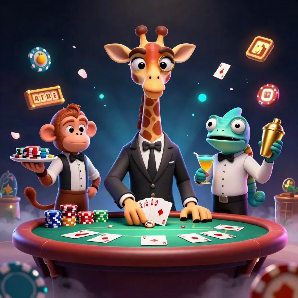 VIP giraffe, monkey valet, and chameleon bartender amid poker chips and neon casino magic