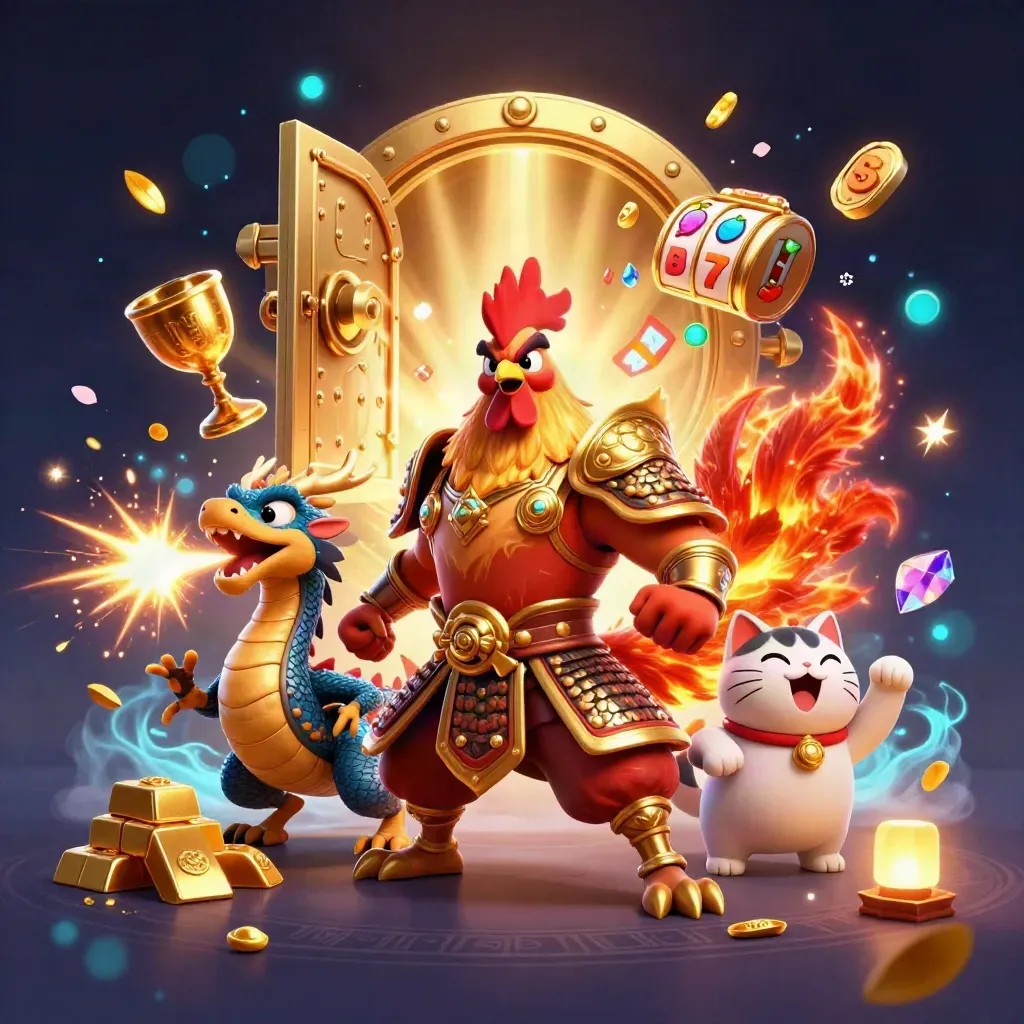 Rooster warrior, dragon hatchling, and lucky cat erupt from a glowing vault in neon casino fantasy