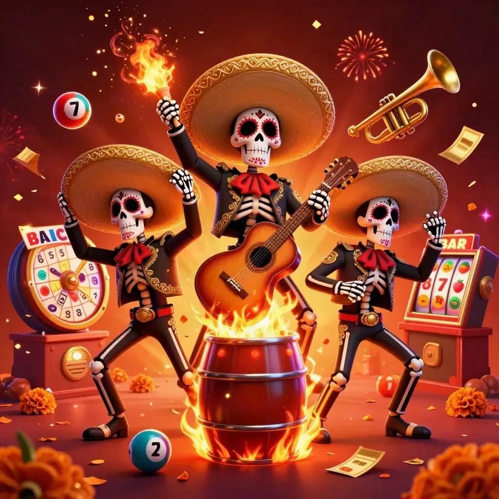 Three Day-of-the-Dead mariachi skeletons blast among bingo, reels, lottery balls and fireworks