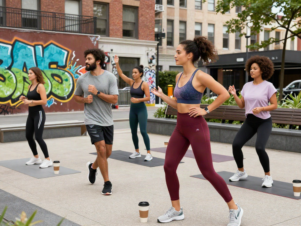 Group of young adults in ALO 8 activewear enjoying a vibrant urban park.
